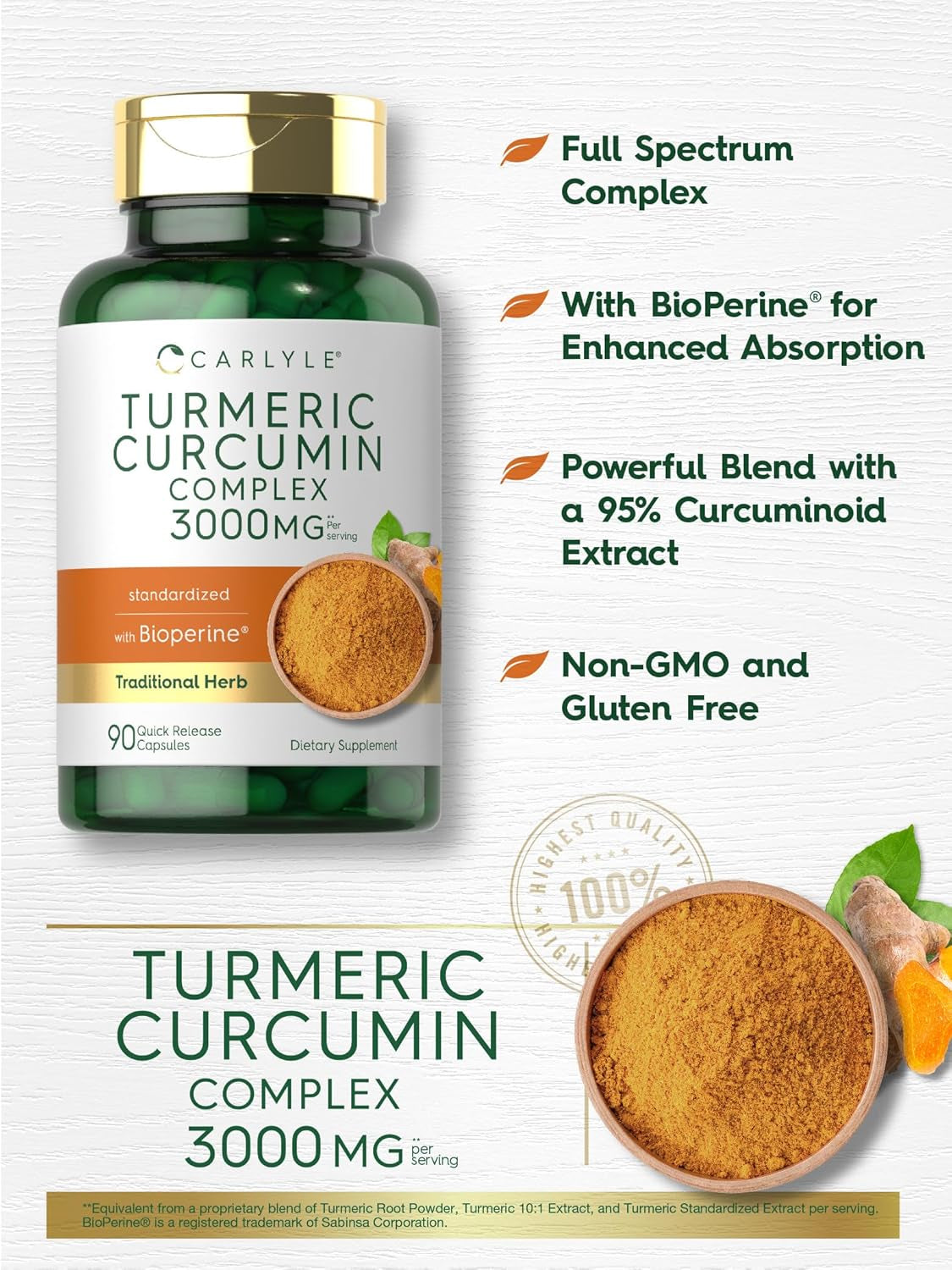 Carlyle Turmeric Curcumin Supplement with Black Pepper | 3000Mg | 90 Capsules | Complex Extract with Bioperine | Non-Gmo, Gluten Free