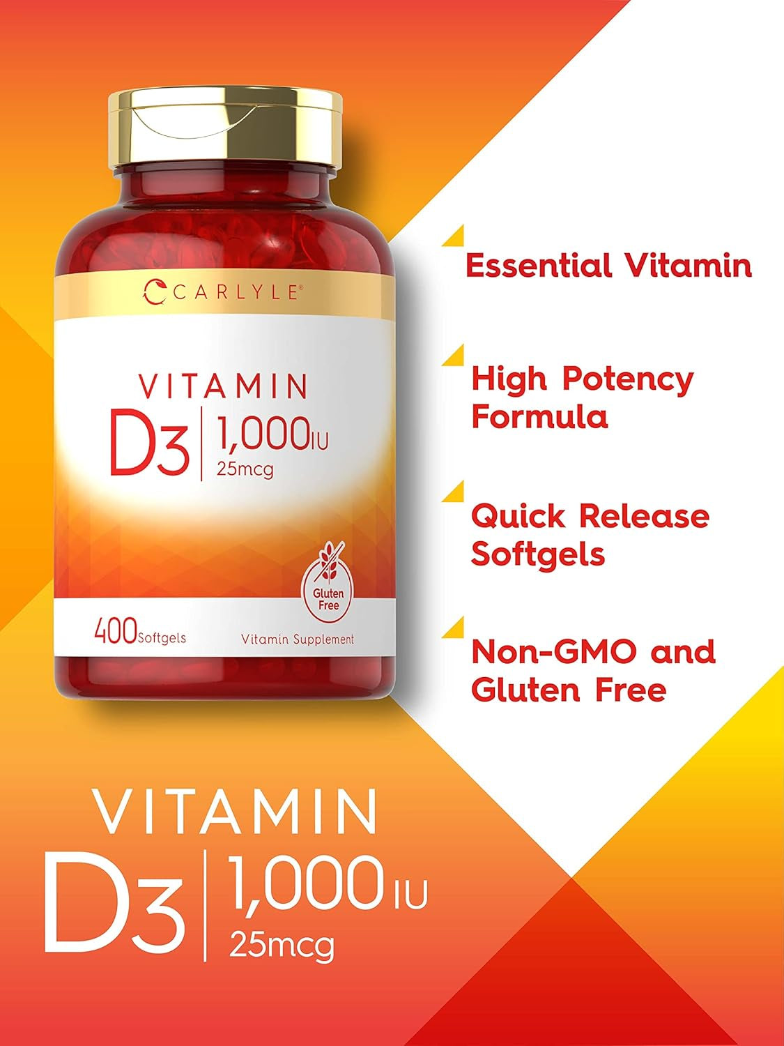 Carlyle Vitamin D3 1000IU | 25 Mcg | 400 Softgels | High  | Non-Gmo & Gluten Free Supplement