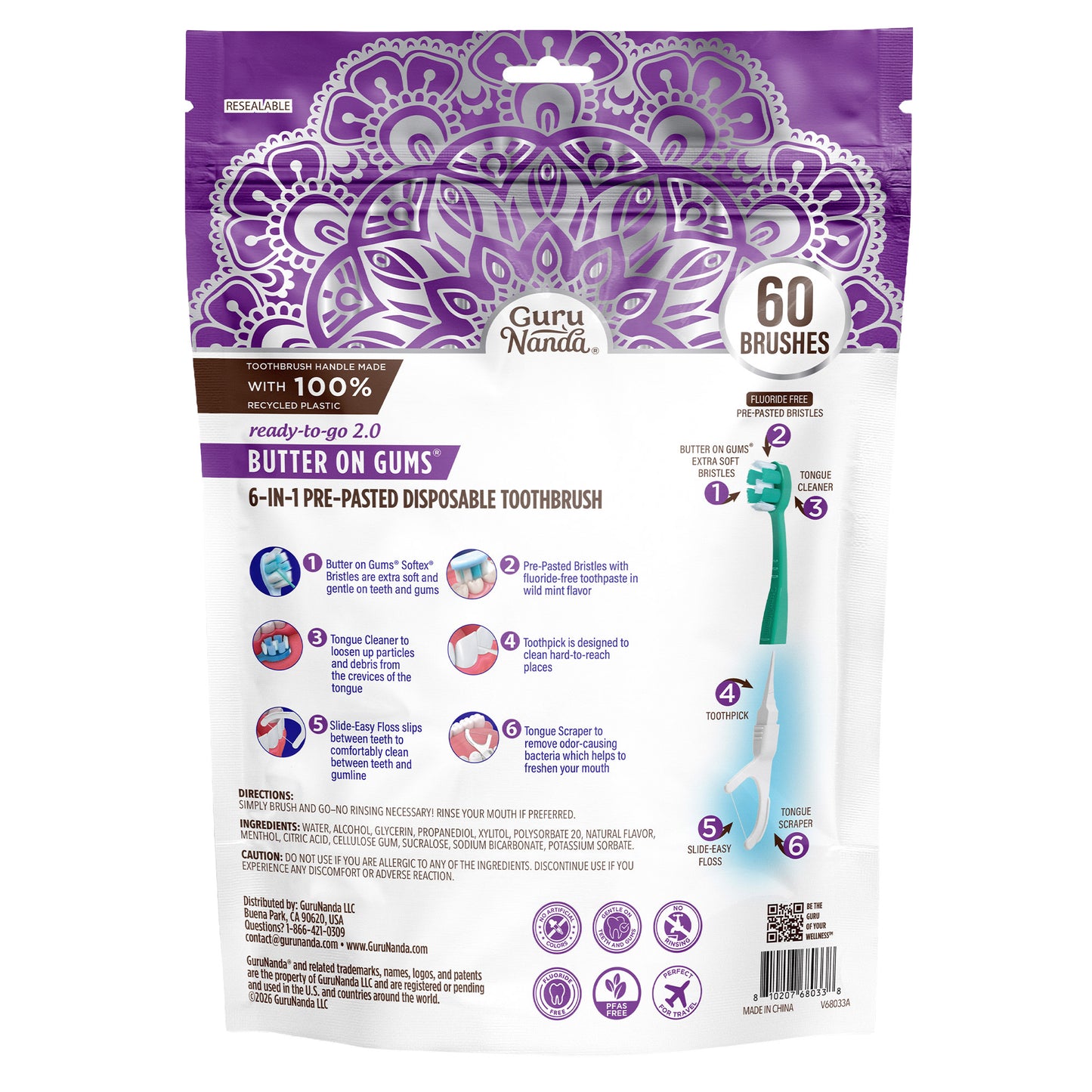 Gurunanda Butter on Gums 6-In-1 Pre-Pasted Disposable Toothbrush, 60-Count