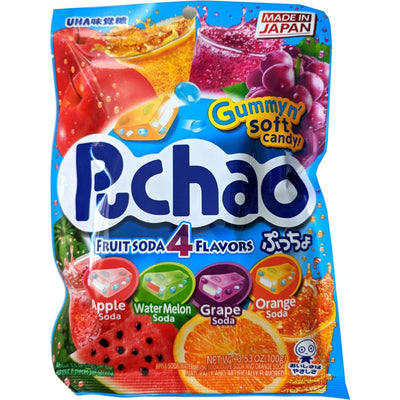 UHA Mikakuto Puchao Soft Chewy Candy with Gummy Bits, 4 Fruit Soda Flavors with Apple, Watermelon, Grape, and Orange, 3.53 Oz