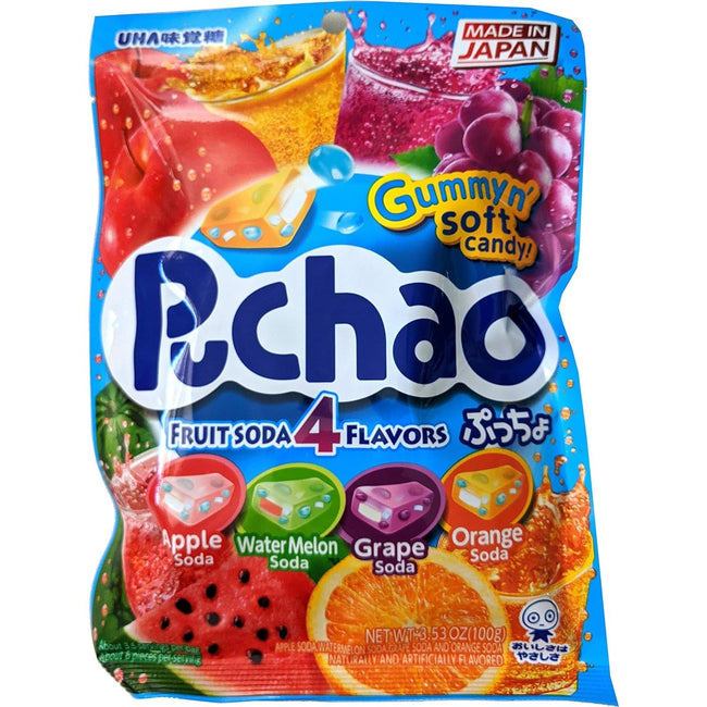 UHA Mikakuto Puchao Soft Chewy Candy with Gummy Bits, 4 Fruit Soda Flavors with Apple, Watermelon, Grape, and Orange, 3.53 Oz