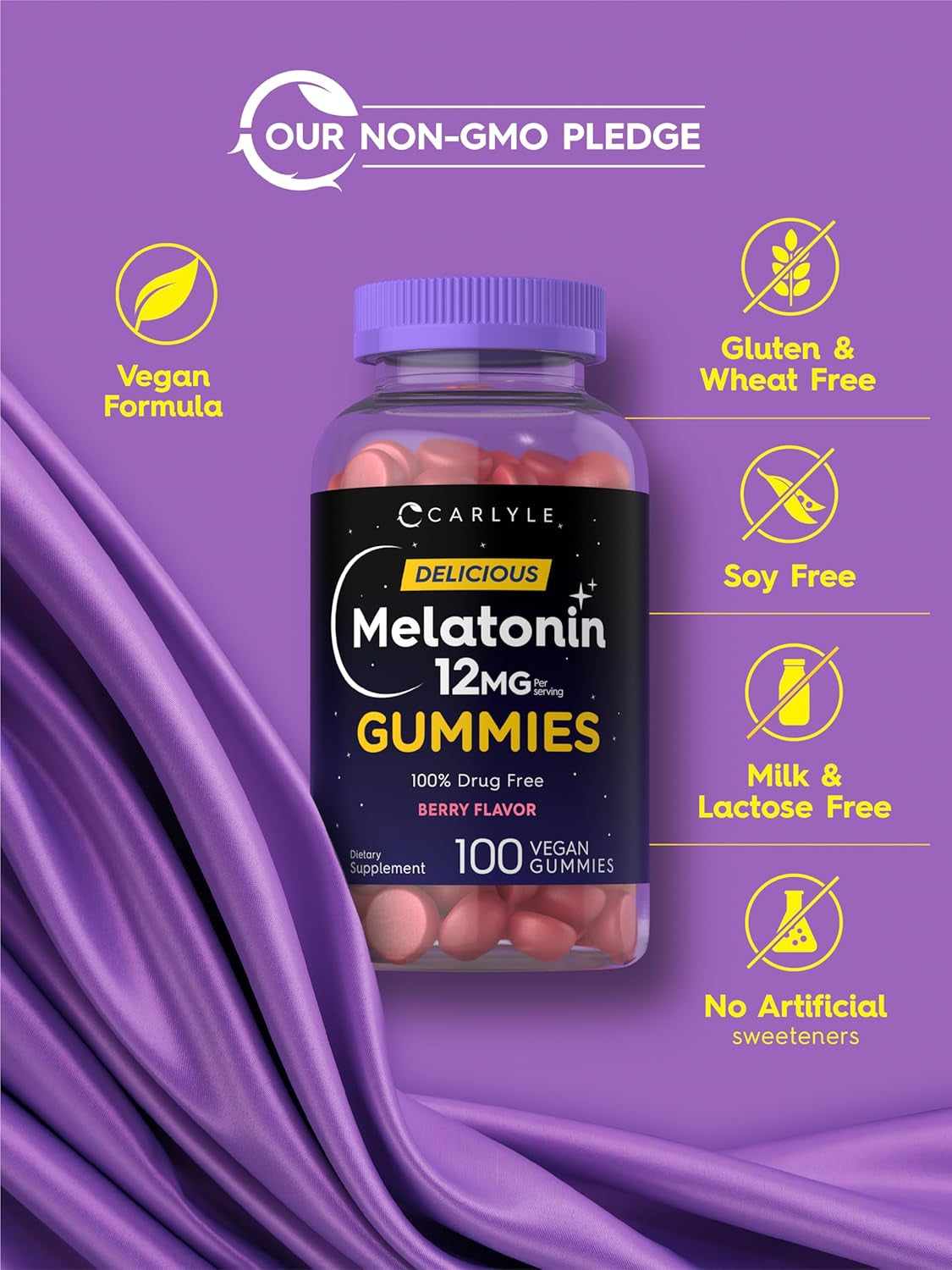 Carlyle Melatonin Gummies 12Mg | 100 Count | Berry Flavor | Vegan Supplement | Non-Gmo, Gluten Free