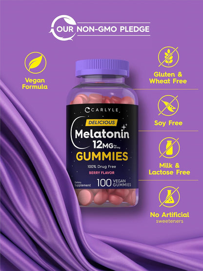 Carlyle Melatonin Gummies 12Mg | 100 Count | Berry Flavor | Vegan Supplement | Non-Gmo, Gluten Free