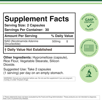 NAD+ anti Aging & Cell Regeneration | 500Mg of 95% Pure NAD plus per Serving, 30 Day Supply | Similar to Nicotinamide Riboside | Third Party Tested, Vegan Safe, Non-Gmo