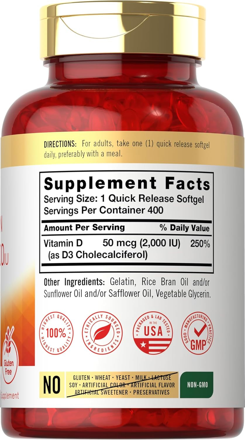 Carlyle Vitamin D3 2000IU Softgels | 400 Count | Non-Gmo, Gluten Free Formula | 50 Mcg | Vitamin D Supplement