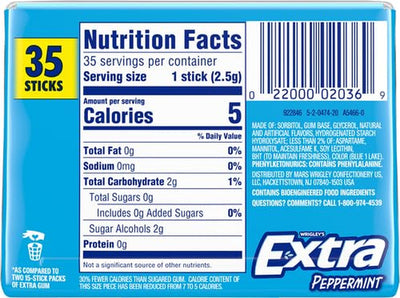 WRIGLEYS EXTRA PEPPERMINT CHEWING GUM SUGAR FREE STICK RP 35 CT