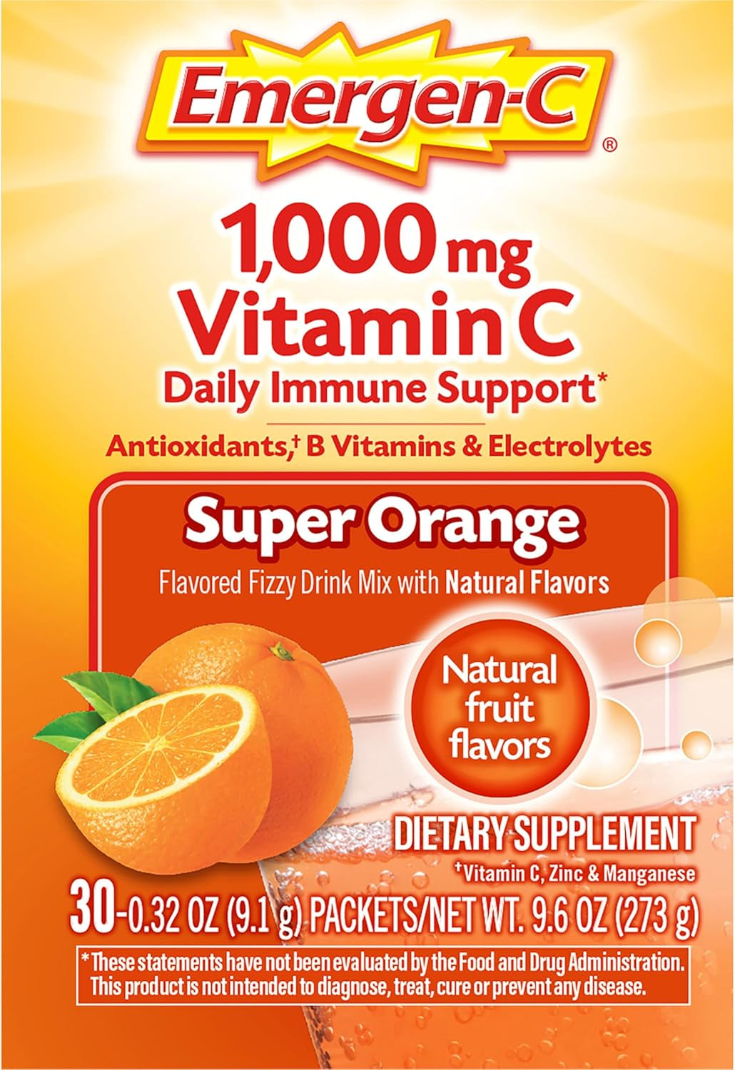Emergen-C 1000Mg Vitamin C Powder for Daily Immune Support Caffeine Free Vitamin C Supplements with Zinc and Manganese, B Vitamins and Electrolytes, Super Orange Flavor - 30 Count