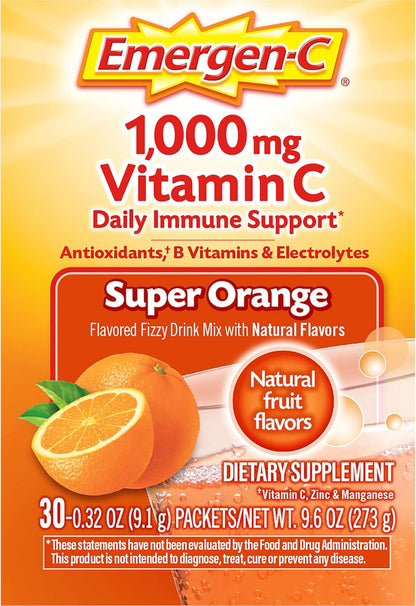 Emergen-C 1000Mg Vitamin C Powder for Daily Immune Support Caffeine Free Vitamin C Supplements with Zinc and Manganese, B Vitamins and Electrolytes, Super Orange Flavor - 30 Count