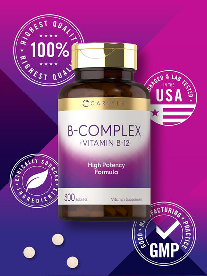 Carlyle B-Complex Vitamin with B12 | 300 Tablets | High  Formula | Vegetarian and Non-Gmo Supplement