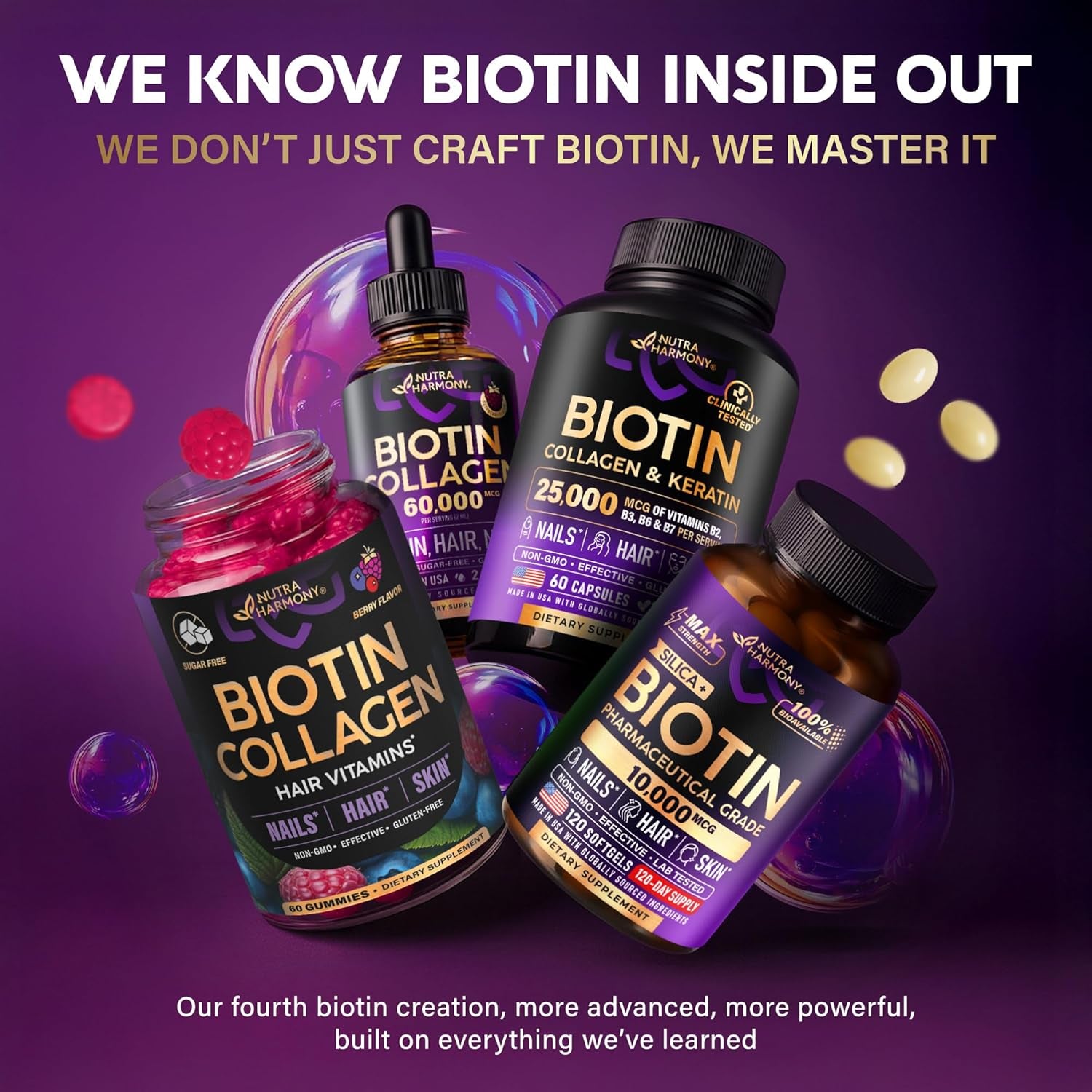 Biotin Gummies with Collagen - Hair Growth Support Skin, & Nail Strength - for Women & Men - Biotin 10000Mcg | Keratin | Hyaluronic Acid | B-Complex | Saw Palmetto - Sugar-Free, Mixed Berry - 60 Gummy