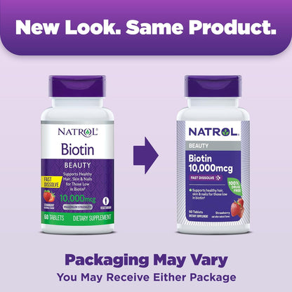 Natrol Biotin 10000Mcg, 4X Faster Dissolve Supplement for Healthy Hair, Skin and Nails for Those Low in Biotin, plus Energy Metabolism Support, 60 Tablets, up to a 60 Day Supply