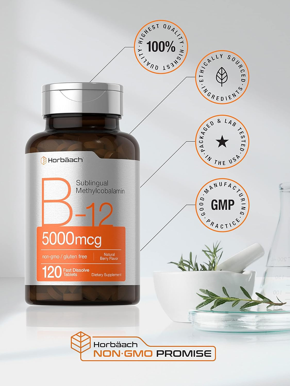 Horbäach B12 Vitamin 5000 Mcg | 120 Fast Dissolve Tablets | Sublingual Methylcobalamin | Vegetarian, Non-Gmo & Gluten Free Supplement