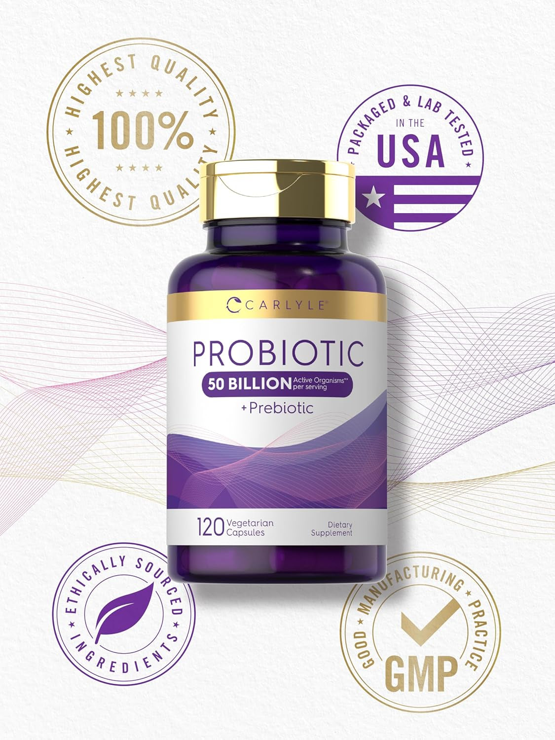 Carlyle Probiotic with Prebiotic Supplement | 120 Capsules | 50 Billion Active Organisms | Vegetarian, Non-Gmo and Gluten Free