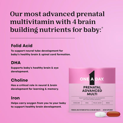 One a Day Prenatal Advanced- Prenatal Vitamins with Folic Acid, Choline, DHA & Iron, Pregnancy Vitamins for Women to Support Baby’S Development, 60+60 Ct (120 Total Set) (Packaging May Vary)