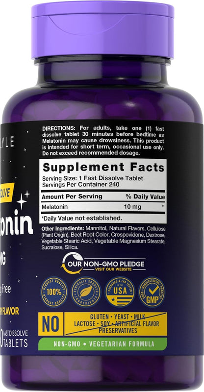 Carlyle Melatonin 10Mg | 240 Pills | Berry Flavor | Fast Dissolve Tablets | Drug Free Supplement | Vegetarian, Non-Gmo, Gluten Free