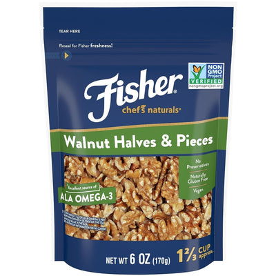 Fisher Chef'S Naturals Walnut Halves & Pieces 6 Oz, 100% California Unsalted Walnuts for Baking & Cooking, Snack Topping, Great with Yogurt & Cereal, Vegan Protein, Keto Snack, Gluten Free