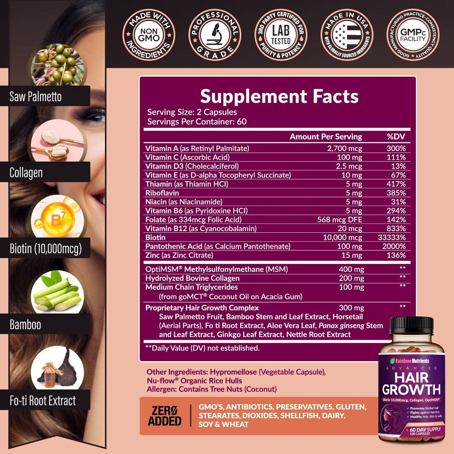 Hair Growth Vitamins for Women | Biotin 10,000Mcg, Collagen, Patented Optimsm®, Gomct®, Saw Palmetto | Naturally Regrow Stronger & Healthier Hair, Skin and Nails | Stops Hair Loss | 60 Day Supply