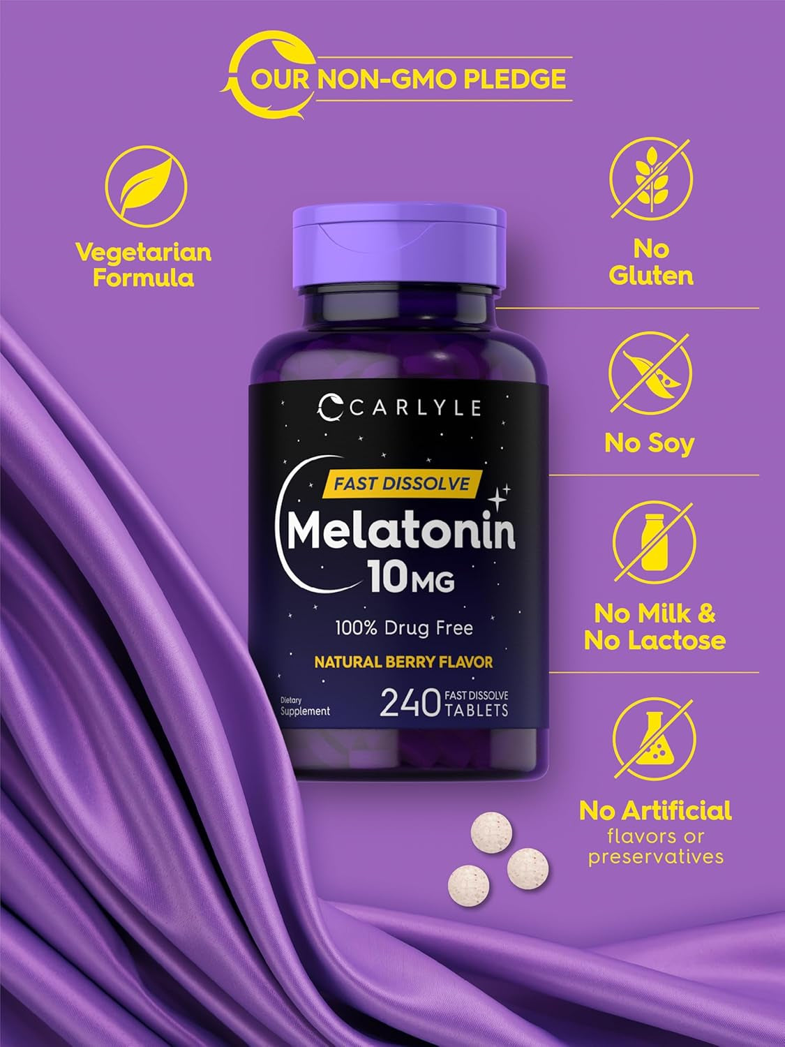 Carlyle Melatonin 10Mg | 240 Pills | Berry Flavor | Fast Dissolve Tablets | Drug Free Supplement | Vegetarian, Non-Gmo, Gluten Free