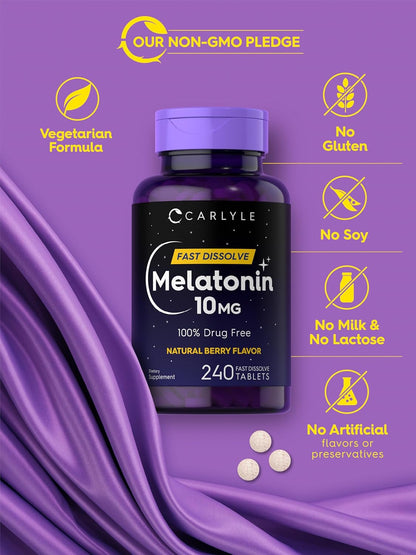 Carlyle Melatonin 10Mg | 240 Pills | Berry Flavor | Fast Dissolve Tablets | Drug Free Supplement | Vegetarian, Non-Gmo, Gluten Free