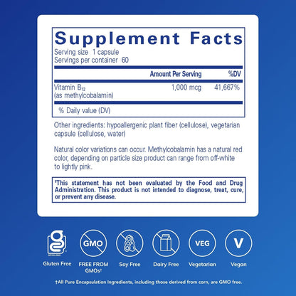 Pure Encapsulations Methylcobalamin 1,000 Mcg - Vitamin B12 Supplement to Support Memory & Nerve Health - Premium Vitamin B12 Capsules - 60 Capsules