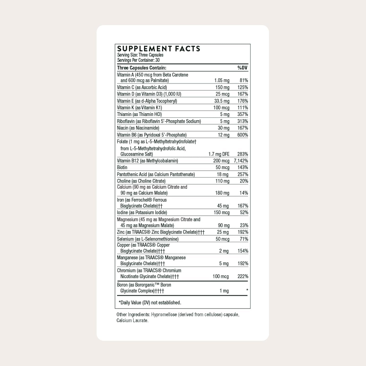 THORNE - Basic Prenatal - Well-Researched Folate Multi for Pregnant and Nursing Women Includes 18 Vitamins and Minerals, plus Choline - Gluten, Dairy & Soy-Free - 90 Capsules - 30 Servings