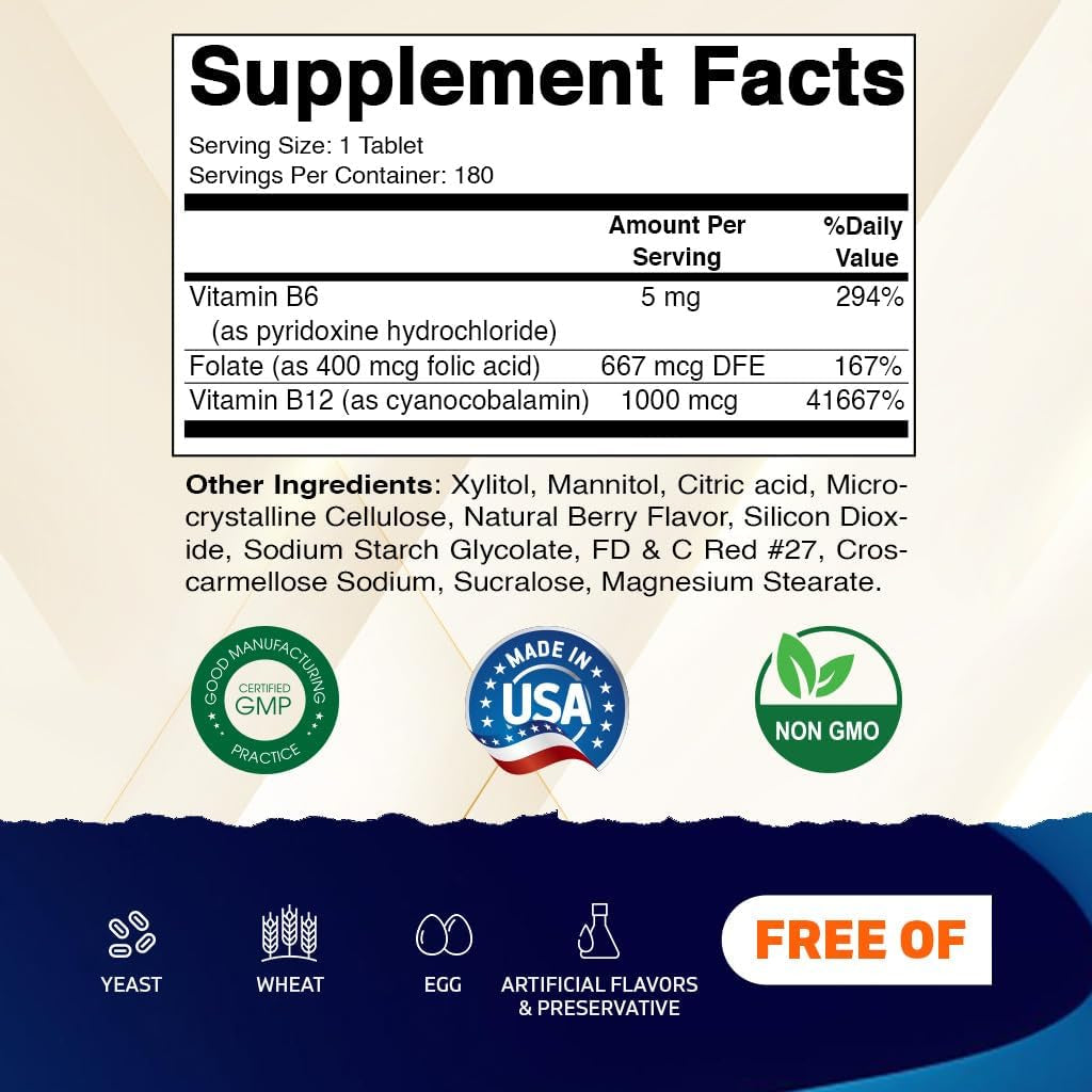 Vitamatic Folic Acid, Vitamin B12 & B6 – 180 Fast Dissolve Tablets Heart Health, Energy Production & Red Blood Cell Support