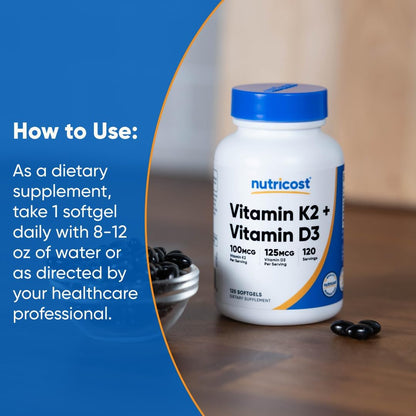 Vitamin K2 (MK7) (100Mcg) + Vitamin D3 (5000 IU) 120 Softgels - Gluten Free and Non-Gmo