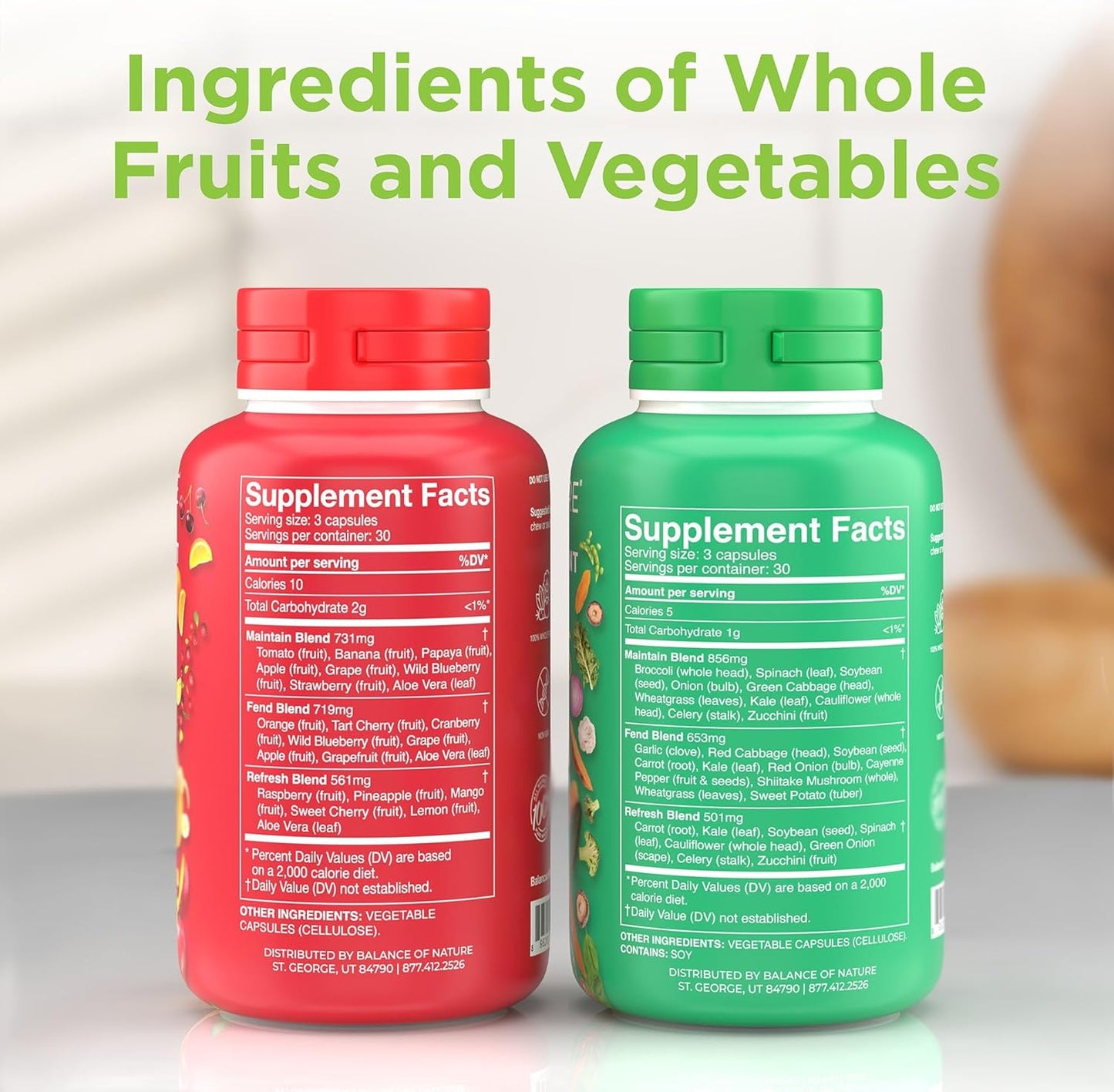 Balance of Nature Fruits & Veggies Supplements - Whole Fruit and Vegetable Ingredients for Women, Men, and Kids - 90 Fruits Capsules, 90 Veggies Capsules - 1 Set