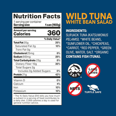 Wild Planet Ready-To-Eat Wild Tuna White Bean Salad with Organic Chickpeas, Carrots, Red Peppers & Green Olives 5.6Oz, Pack of 1