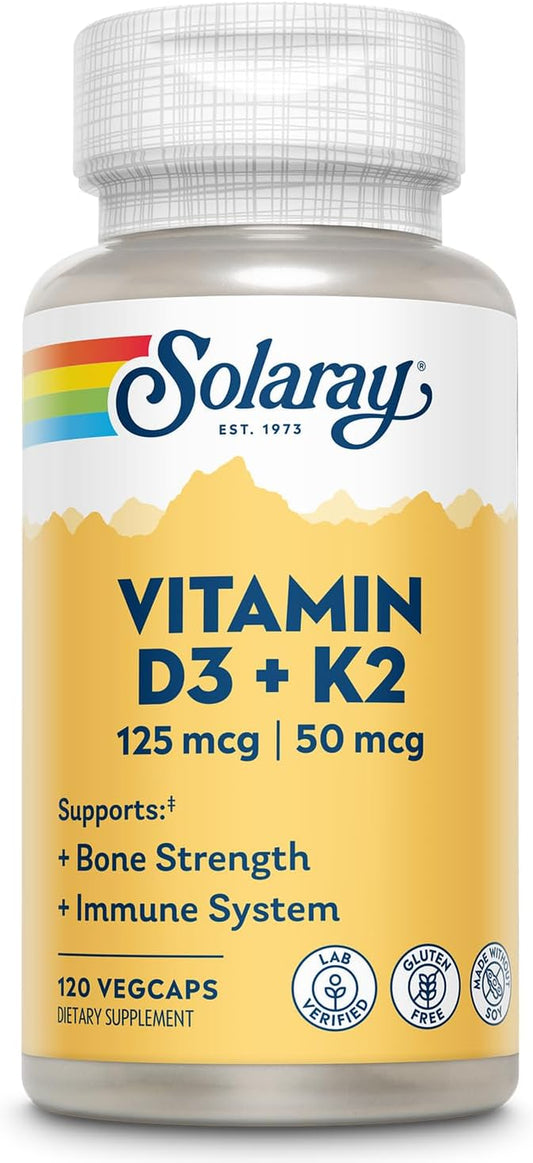 SOLARAY Vitamin D3 K2 - Bone Health and Immune Support Supplement - with 5000 IU Vitamin D as Vit D3 and 50 Mcg Vitamin K2 as Menoquinone MK7, Made without Soy, 60-Day Guarantee, 120 Serv, 120 Vegcaps