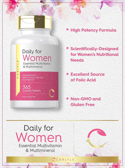 Carlyle Women'S Daily Multivitamin and Multimineral Supplement | 365 Tablets | Beta-Carotene, Folic Acid and Vitamin D | Non-Gmo, Gluten Free Pills