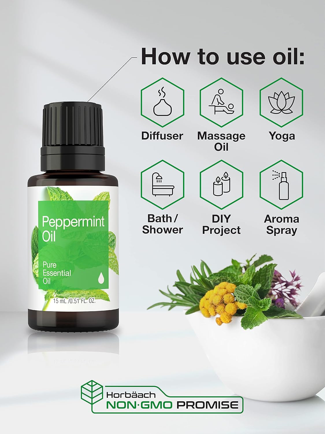 Horbäach Peppermint Essential Oil | .51 Fl Oz (15Ml) | for Massage, Bath, Diffuser, Aroma Spray & More