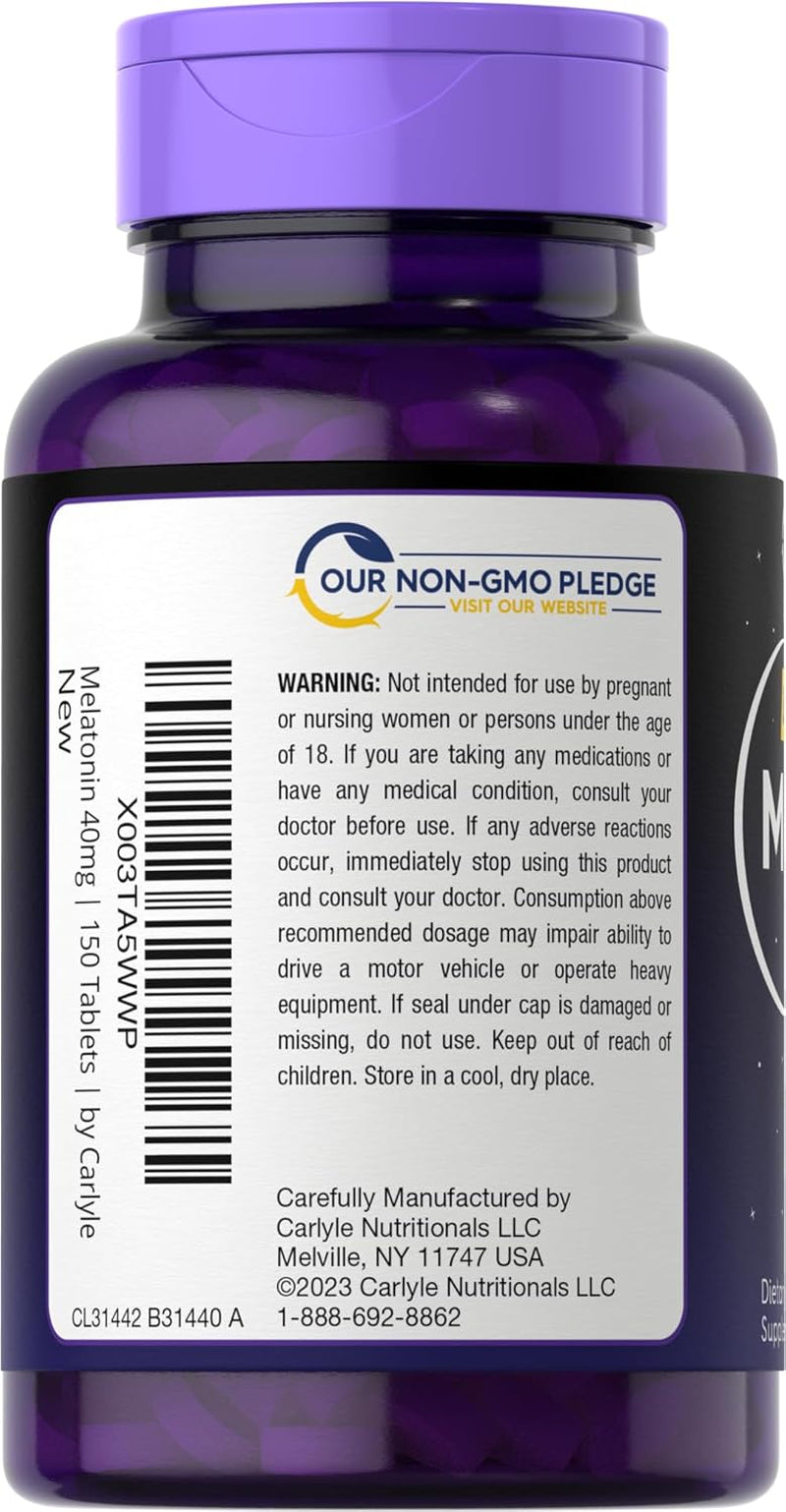 Carlyle Melatonin 40Mg Complex | 150 Fast Dissolve Tablets | Extra Strength Support | with Ashwagandha and Chamomile | Vegetarian, Non-Gmo, Gluten Free Supplement