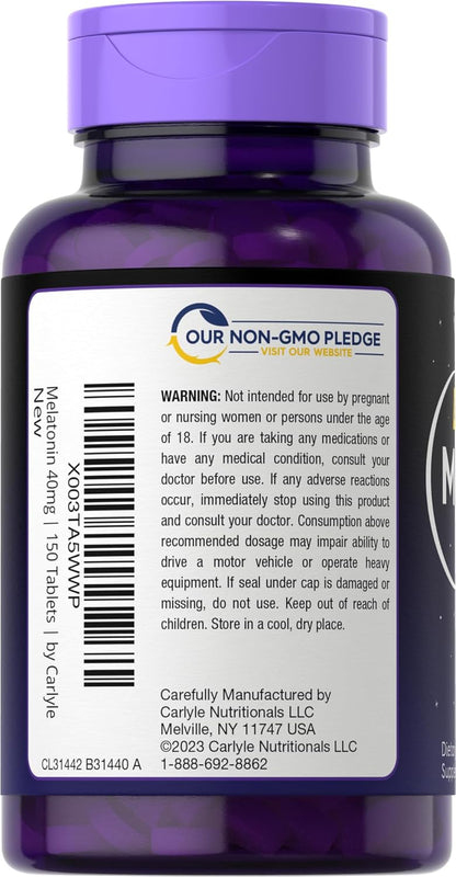 Carlyle Melatonin 40Mg Complex | 150 Fast Dissolve Tablets | Extra Strength Support | with Ashwagandha and Chamomile | Vegetarian, Non-Gmo, Gluten Free Supplement