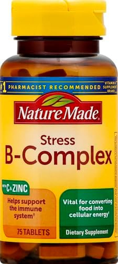 Nature Made Stress B Complex with Vitamin C and Zinc, B Complex Vitamins for Women and Men, Immune Support, 75 Tablets, 75 Day Supply