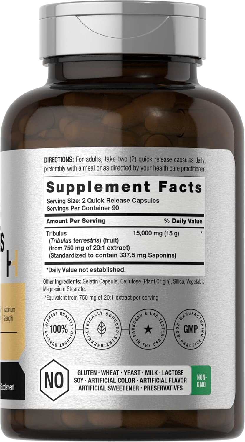 Horbäach Tribulus Terrestris for Men 15000Mg | 180 Capsules | Maximum Strength | Non-Gmo, Gluten Free Extract Supplement
