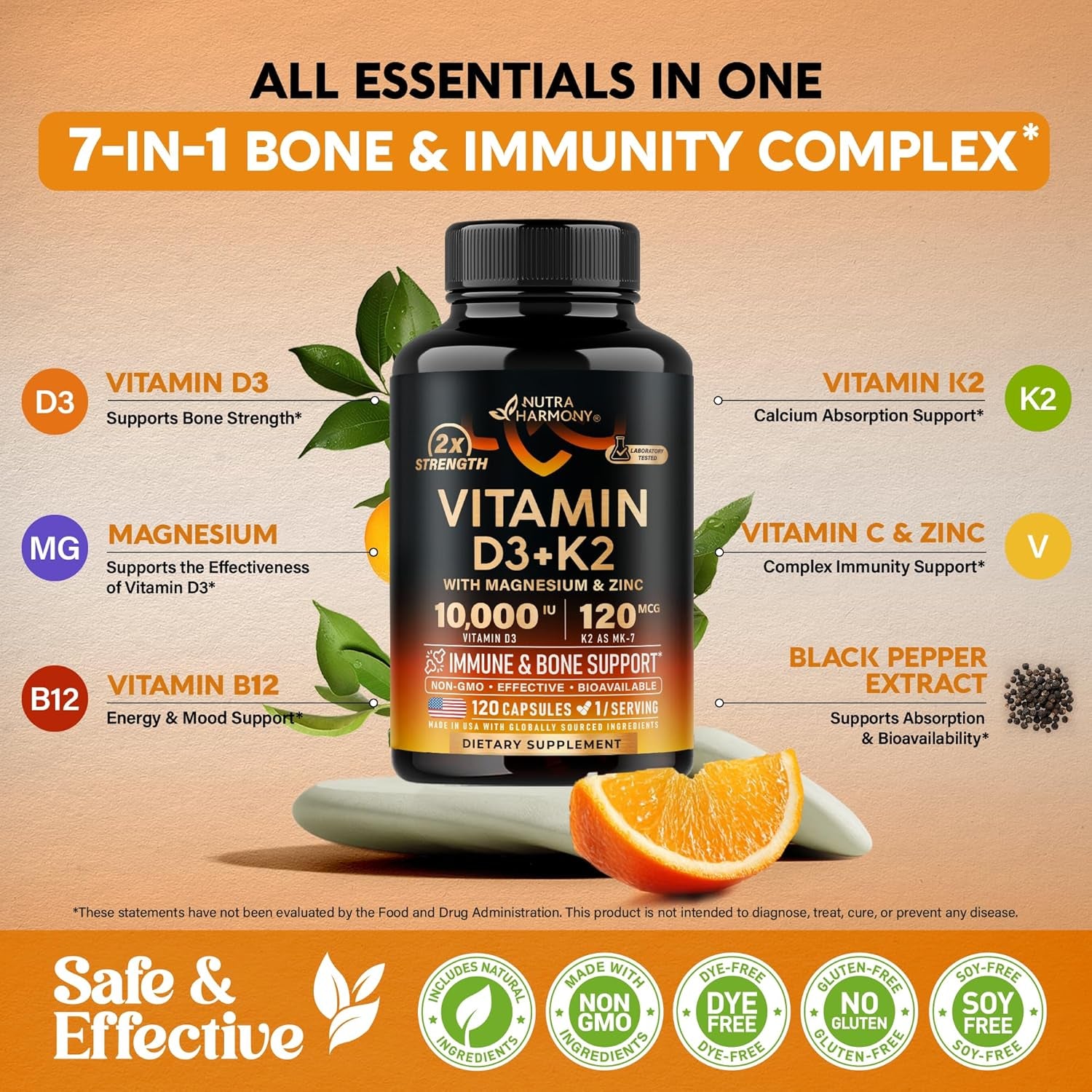 Vitamin D3 K2 - Vitamin D3 10000 Iu & K2 as MK-7 120 Mcg - Immune & Mood Support, for Bone & Teeth Health - with Magnesium, Zinc & Vitamin C & B12 - Highly Bioavailable - Made in USA, 120 Capsules