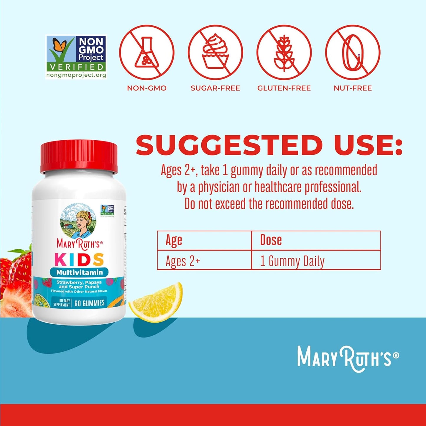 Maryruth Organics Kids Vitamins | Multi | Sugar Free | 2 Month Supply | Kids Multivitamin Gummies for Ages 2+ | Vegan | Only 1 Gummy a Day | 60 Count