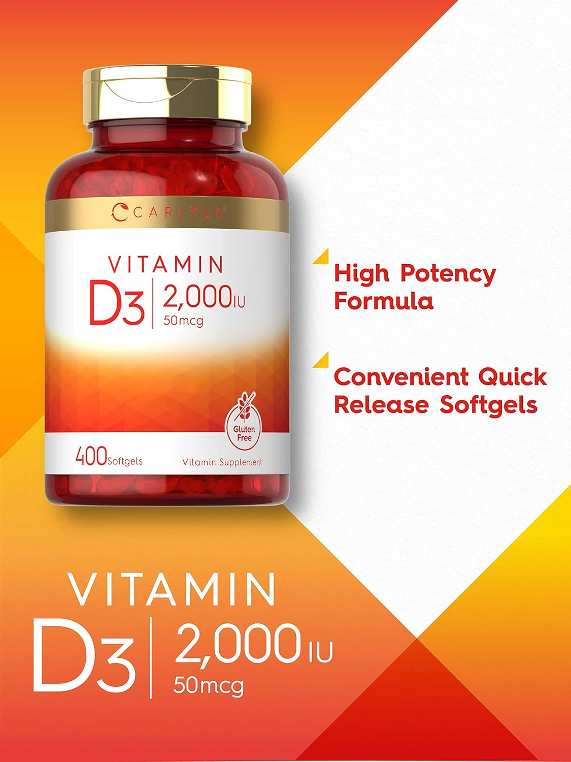 Carlyle Vitamin D3 2000IU Softgels | 400 Count | Non-Gmo, Gluten Free Formula | 50 Mcg | Vitamin D Supplement
