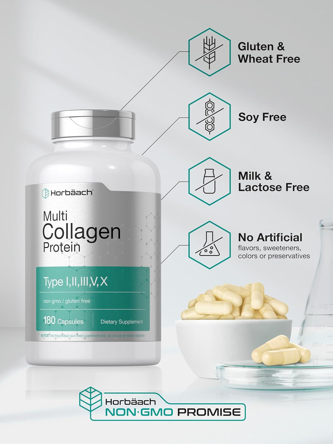 Horbäach Multi Collagen Protein 2000 Mg | 180 Capsules | Hydrolyzed Collagen Type I, II, III, V, X | Keto & Paleo Friendly, Non-Gmo, Gluten Free Supplement