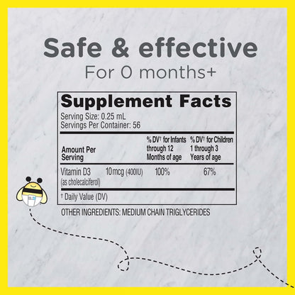 Zarbee'S Vitamin D Drops for Infants, 400IU (10Mcg) Baby & Toddler Liquid Supplement, Newborn & Up, Dropper Syringe Included, 0.47 Fl Oz