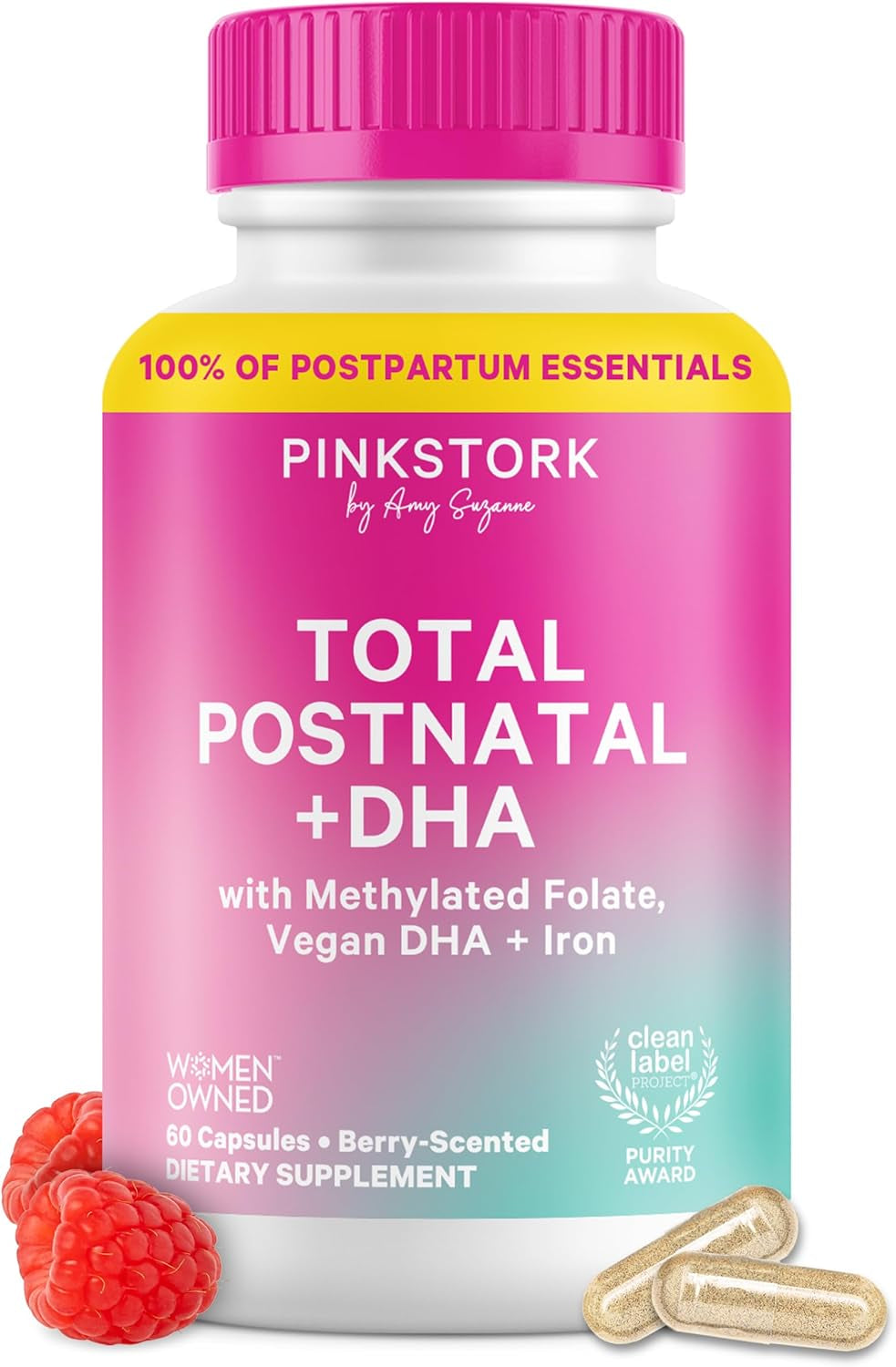 Pink Stork Total Postnatal Vitamins for Women with Vegan DHA, Iron, Folate, and Vitamin B12, Postpartum Recovery Essentials, Daily Supplement for Breastfeeding Moms - 1 Month Supply