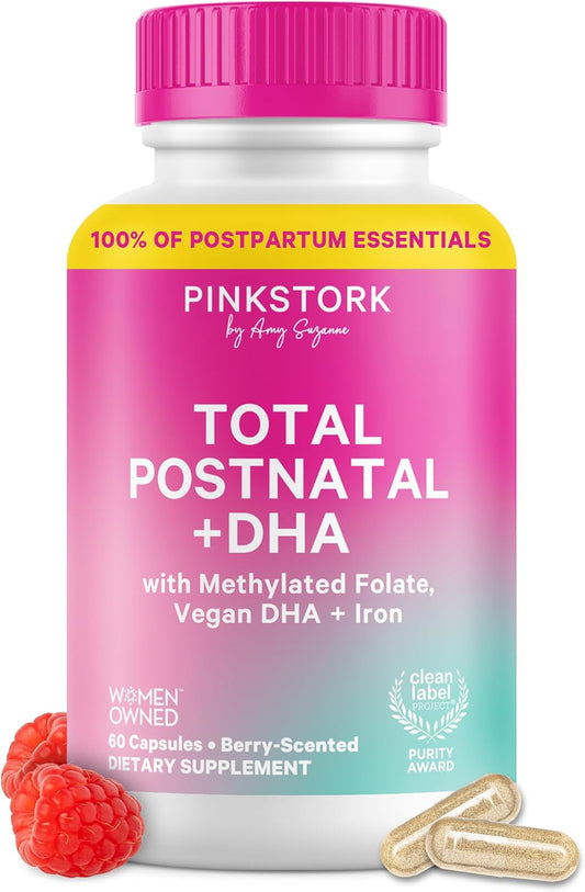 Pink Stork Total Postnatal Vitamins for Women with Vegan DHA, Iron, Folate, and Vitamin B12, Postpartum Recovery Essentials, Daily Supplement for Breastfeeding Moms - 1 Month Supply