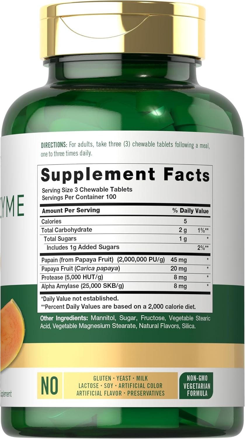 Carlyle Papaya Enzyme Chewable Tablets | Vegetarian, Non-Gmo, Gluten Free Formula | Tropical Flavor