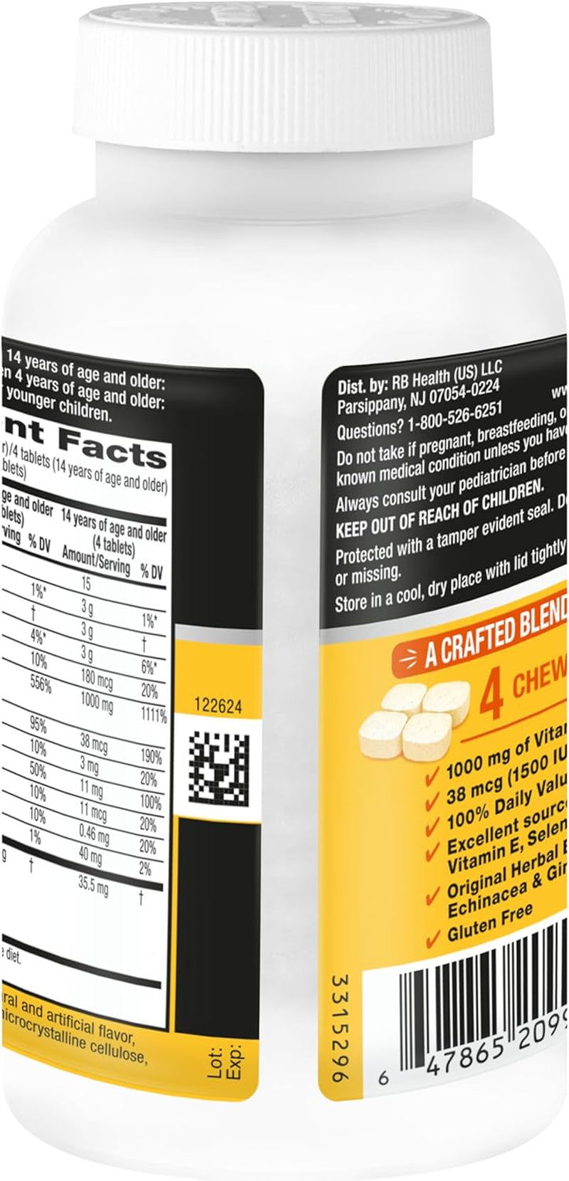 Airborne Vitamin C 1000Mg (Per Serving) - Citrus Chewable Tablets (116 Count in a Bottle), Gluten-Free Immune Support Supplement, with Vitamins a C E, Zinc, Selenium, Echinacea, Ginger, Antioxidants