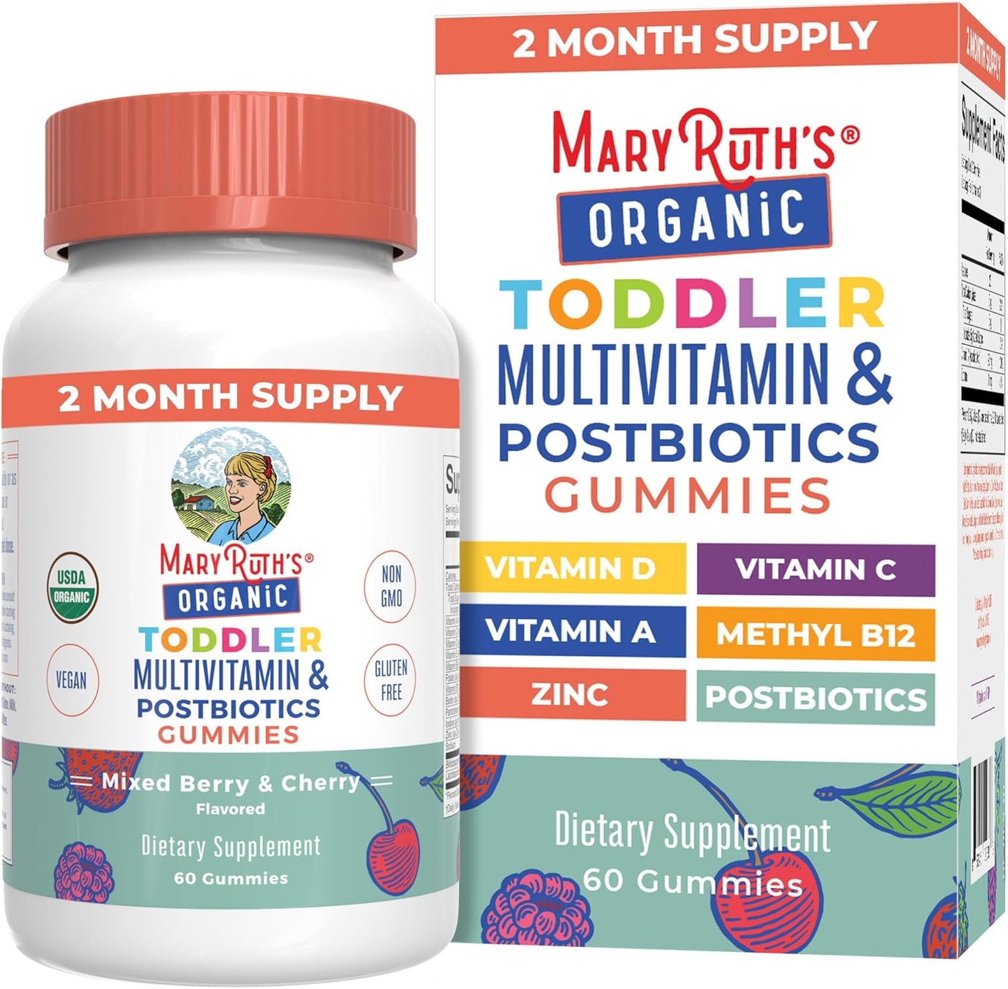 Maryruth Organics Toddler Multivitamin Gummies + Postbiotics | USDA Organic | Vitamins for Kids Ages 2+ | Immune Support | Vitamin C | Vitamin D3 | Vitamin a | Zinc | Vegan | Non-Gmo | 60 Servings
