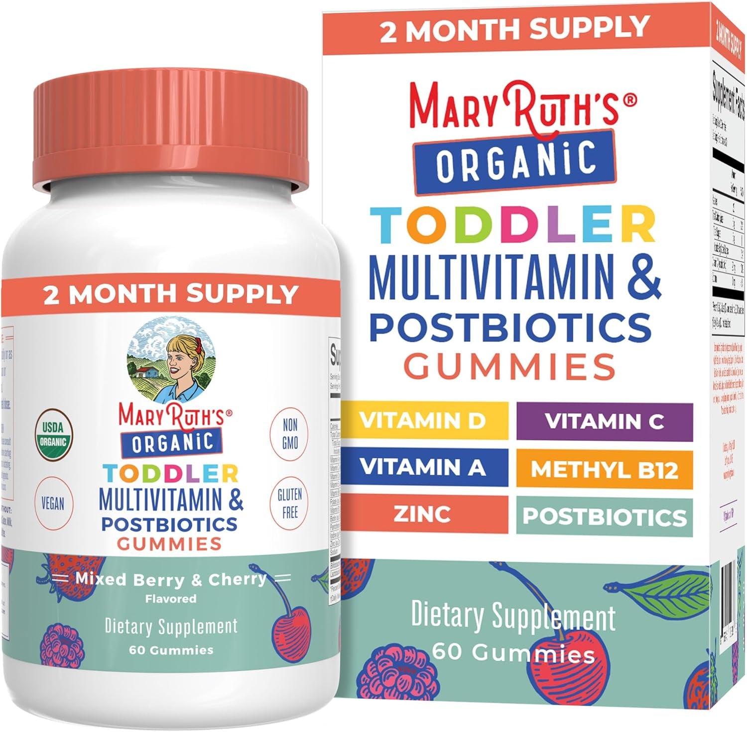 Maryruth Organics Toddler Multivitamin Gummies + Postbiotics | USDA Organic | Vitamins for Kids Ages 2+ | Immune Support | Vitamin C | Vitamin D3 | Vitamin a | Zinc | Vegan | Non-Gmo | 60 Servings
