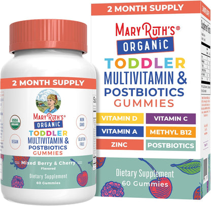 Maryruth Organics Toddler Multivitamin Gummies + Postbiotics | USDA Organic | Vitamins for Kids Ages 2+ | Immune Support | Vitamin C | Vitamin D3 | Vitamin a | Zinc | Vegan | Non-Gmo | 60 Servings