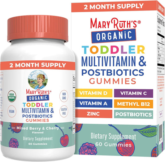 Maryruth Organics Toddler Multivitamin Gummies + Postbiotics | USDA Organic | Vitamins for Kids Ages 2+ | Immune Support | Vitamin C | Vitamin D3 | Vitamin a | Zinc | Vegan | Non-Gmo | 60 Servings