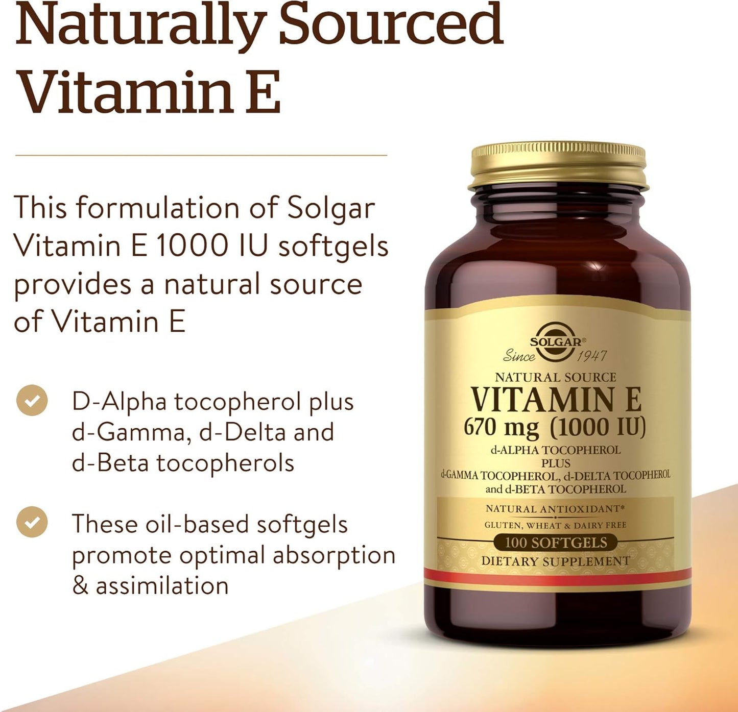 Solgar Vitamin E 670 Mg (1000 IU), 100 Mixed Softgels - Natural Antioxidant, Skin & Immune System Support - Naturally-Sourced Vitamin E - Gluten Free, Dairy Free - 100 Servings